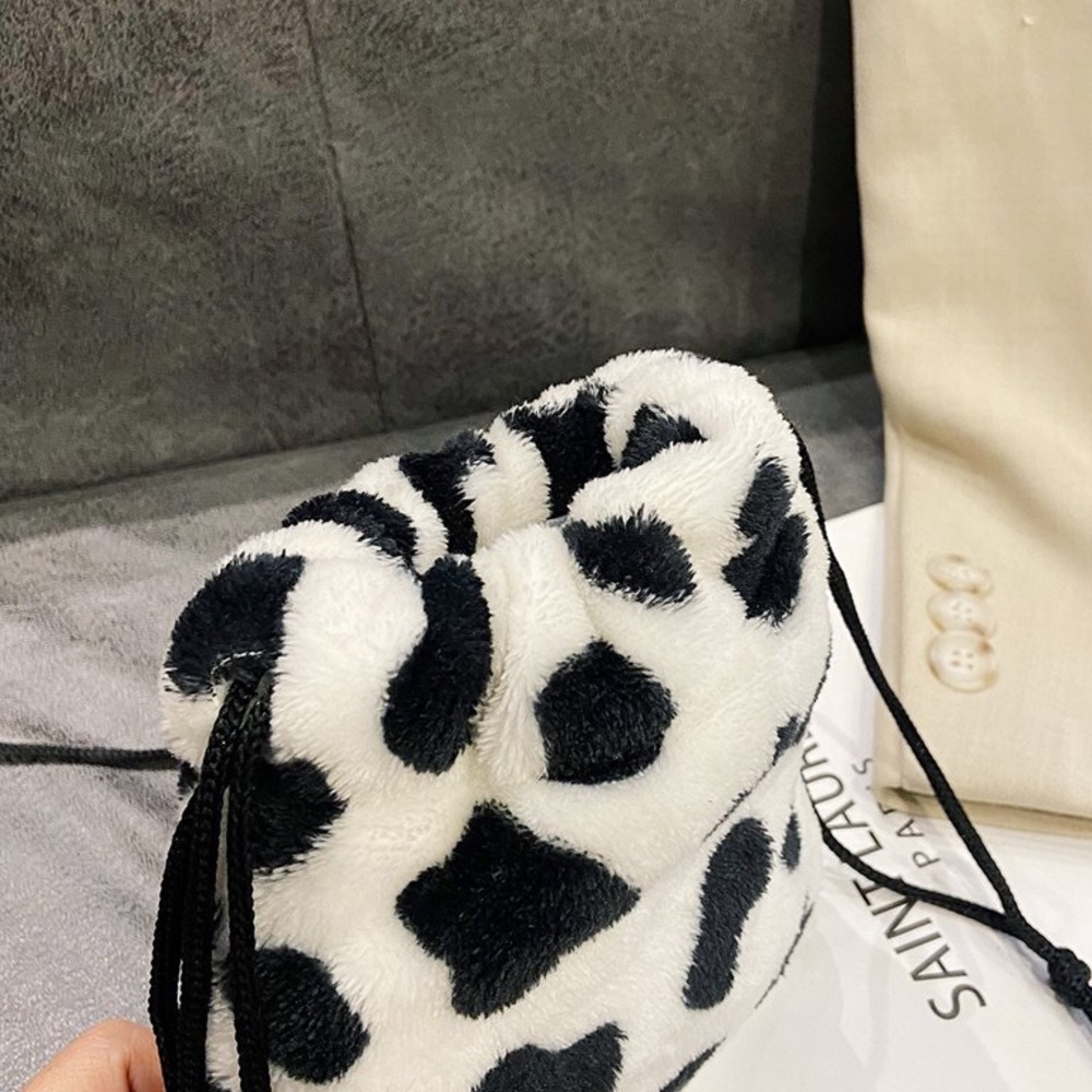New Faux Fur Medium Cow Print Buttery Soft Handmade Drawstring Crossbody Bag - Picture 10 of 15